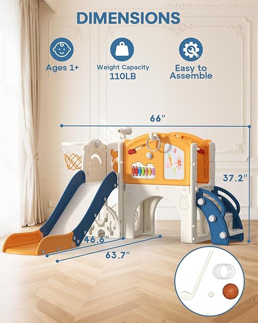 BIERUM Toddler Slide Set, 13 in 1 Kids Indoor Slide for Toddler 1-3, Indoor Outdoor Toddler Slide Playset with Basketball Hoop, Golf Game & Drawing Board, Baby Indoor Slide Playground, Blue&Yellow