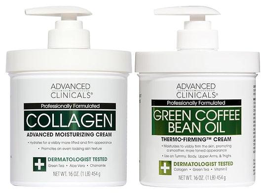 Advanced Clinicals Unscented Collagen Body Cream & Face Moisturizer + Green Coffee Bean Oil Thermo - Firming Body Cream For Women & Men Helps Reduce Appearance Of Cellulite Prone Skin & Dry Skin, 2pc