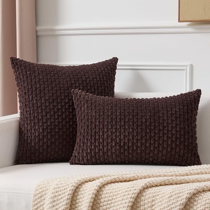 Kevin Textile Soft Corduroy 12"x20" Lumbar Pillow Cover 1 Pack, Coffee | Boho Stripe Plush Corduroy Decorative Oblong Cushion Cover Modern Farmhouse Home Decor for Sofa Couch Bed Chair