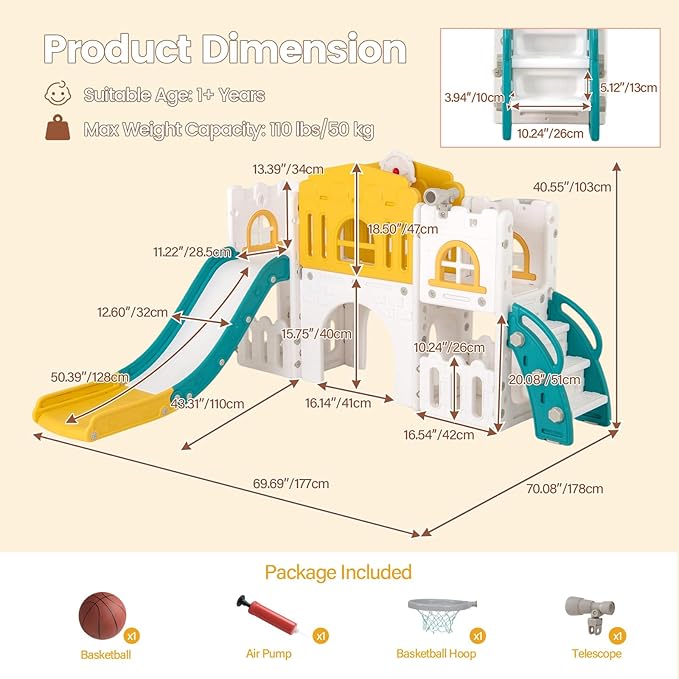 OLAKIDS Toddler Slide, 9 in 1 Kids Indoor Outdoor Playground with Climber Basketball Hoop Telescope Tunnel Corridor Toy Storage Steering Wheel for Boys Girls Aged 1+ (Yellow)