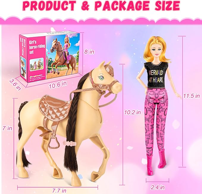 60 PCS Doll Horse Set Toy, Fashion Blonde Doll(11.5 Inch) in Riding Helemt Doll Accessories & Light Brown Horse with Moveable Head, Saddle, Bridle and Reins, for Ages 3 Years Old & Up