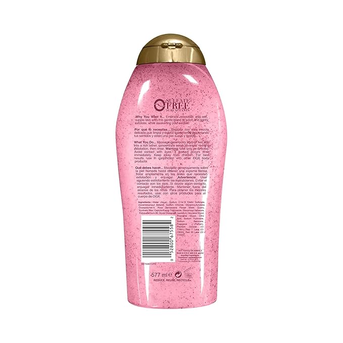 OGX Sensitive + Rose Water & Pink Sea Salt Exfoliating Body Scrub + Rose Quartz,Gentle Exfoliating Daily Body Wash Softens Skin,Body-Scrub for Women,Sulfate-Free Surfactants,19.5 fl oz,(Pack of 4)