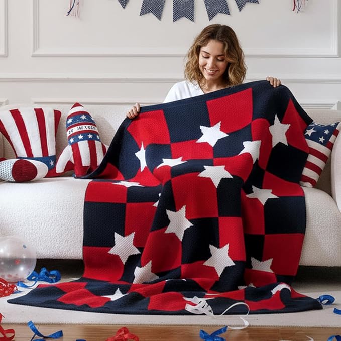 Patriotic Ultra Soft Knit Chenille Throw Blanket - Red White Blue Stars American Flag Pattern Cozy Blankets for Couch, 4th of July Memorial Independence Day Gifts, 50"x60", Red&Blue