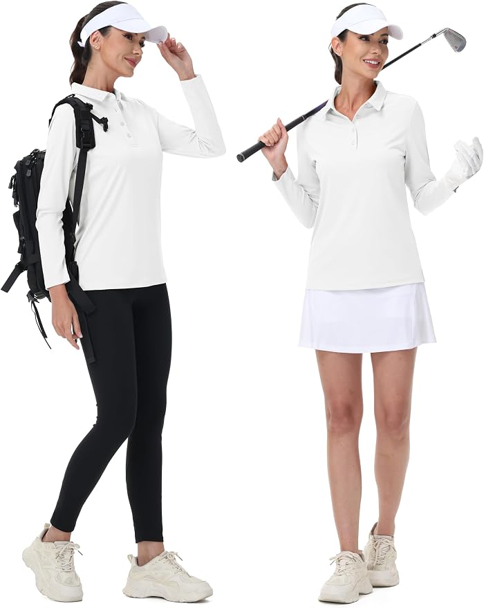 MAGCOMSEN Long Sleeve Polo Shirts for Women Golf Tops with Collar Work | UPF 50+ Sun Protection, 4 Buttons, Moisture Wicking, Breathable, 4-Way Stretch, Collared, Quick Dry, Active, Casual, Tennis