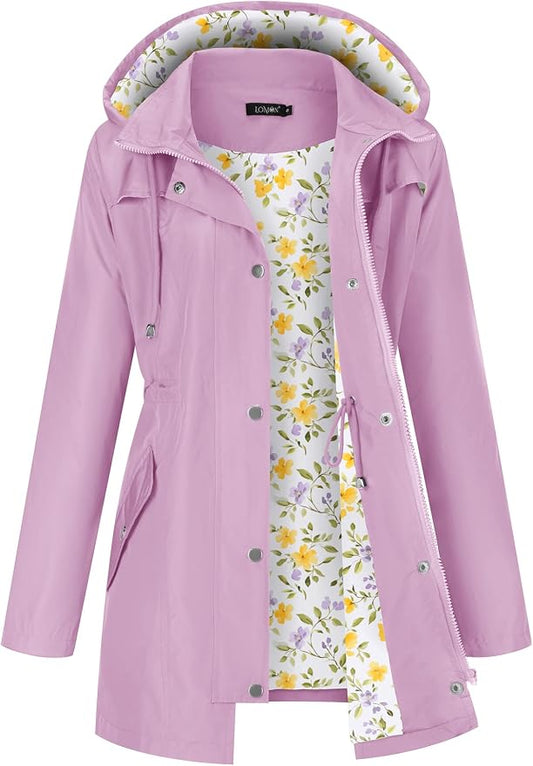 LOMON Women Waterproof Outdoor Hiking Raincoat Women Lined Rain Jacket Lightweight Hooded Jackets Trench Coats