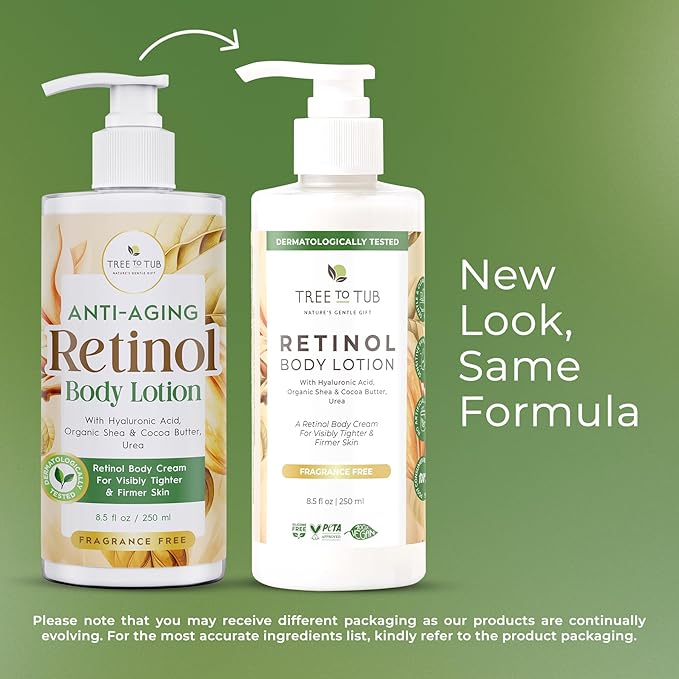 Tree To Tub Retinol Body Lotion - Hydrating Body Cream, Advanced Firming Cream w/Hyaluronic Acid & Shea Butter, Fragrance-Free Body Lotion for Crepey Skin for Older Women & Men