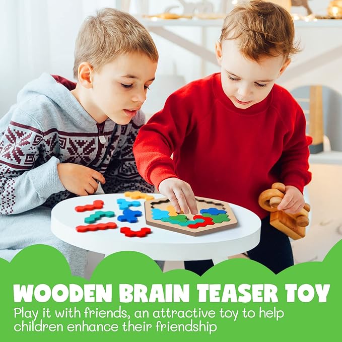 Yunsailing 3 Pack Hexagon Tangram Puzzle Wooden Brain Puzzles for Kid Adult Challenge Wood Russian Blocks Brain Teasers Toy Geometric Jigsaw Block Logic Iq Stem Toy for Family Party Gift(Fancy)