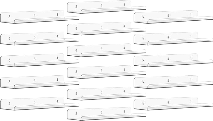 Qukaka Floating Shelves for Wall Decor, 15" Extra Clear Wall Shelves for Bedroom, Living Room, Kitchen, Bathroom Decor, Nail Polish/Book/Decoration/Makeup/Perfume Organizer Floating Shelf-16Pack