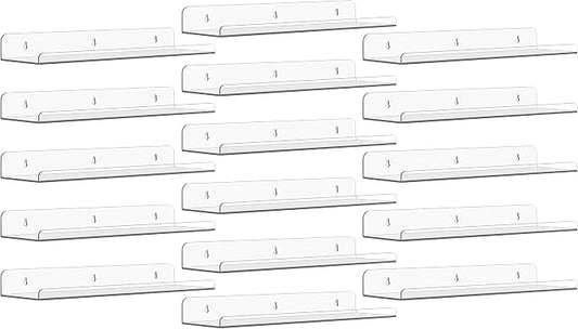 Qukaka Floating Shelves for Wall Decor, 15" Extra Clear Wall Shelves for Bedroom, Living Room, Kitchen, Bathroom Decor, Nail Polish/Book/Decoration/Makeup/Perfume Organizer Floating Shelf-16Pack
