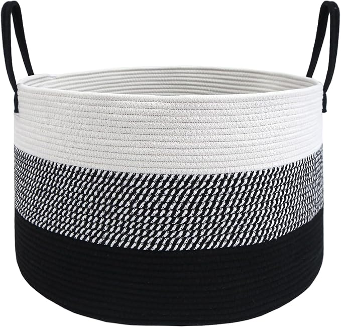JMvicyroam 115L Extra Large Machine Washable Cotton Rope Blanket Basket | Collapsible laundry hamper, Reinforced handles, For blankets,pillows,toys and clothes, Living room and bedroom,White&BlackMix