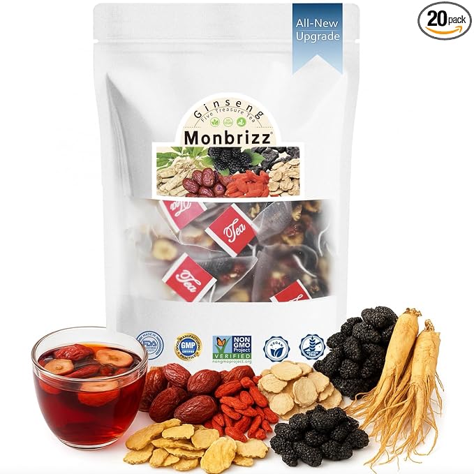 Monbrizz Kidney Tea Formula - 40 Count Value Pack, Ginseng Six Treasure Tea with Maca Root, Goji Berries & Turmeric, Natural Kidney Cleanse & Detox, Caffeine-Free Herbal Tea Bags (40 Count)