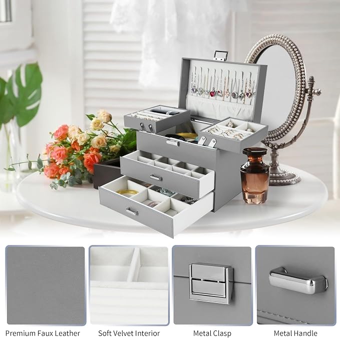 Jewelry Organizer Box, Large Jewelry Boxes for Women Girls, Space-Saving 4 Layers Jewelry Storage Case with Drawer, Movable Metal Stand, Modern, Gift Idea (Grey)