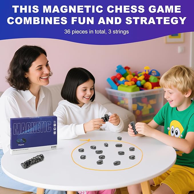 Magnet Game with 3 String, 36 Travel-Stones Magnetic Chess Game for Family & Party & Travel & Camping - Puzzle Strategy Games, Player Games for Kids & Adults (Age 9+)