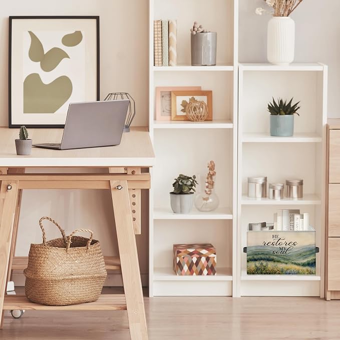 Mountain Wildflower Scenery Christian Storage Bin Box with Handles, He Restores My Soul Bible Verse Foldable Organizer Basket Toybox for Home Bedroom Bathroom Clothes Toys Books