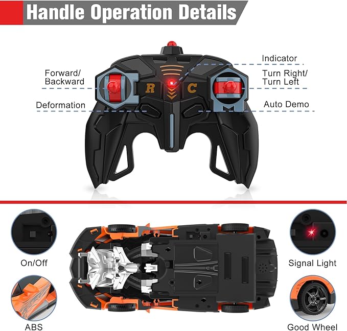 BLUEJAY Transform Rc Cars for Boys 4-7 8-12, 2.4Ghz 1:18 Scale Remote Control Car Transforming Robot, One-Button Deformation 360° Rotation and Drift Car Toy Gifts for Boys 3-5 (Orange)