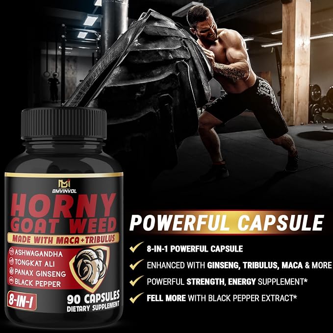 BMVINVOL Horny Goat Weed Capsules with Maca, Ginseng, Tribulus Terrestris, Ashwagandha, Black Pepper - 90 Count for 3 Month Supply
