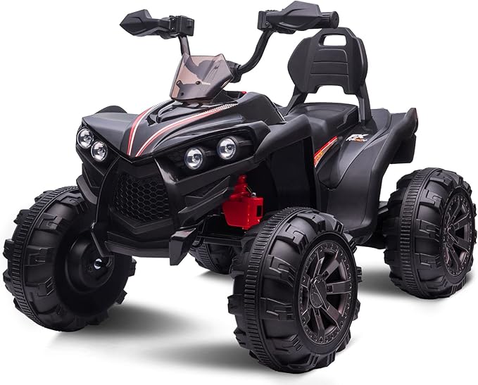OTTARO Ride on ATV 2 Seater, 12V 4 Wheeler Electric Quad for Kids 3-8 w/ 17" Length Seat, LED Lights, 2 Speeds, Soft Braking, Rear Pedal & Backrest (Black)