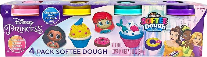 CRA-Z-Art Disney Princess 4 Pack Softee Dough with Princess Character Molds on Each Lid Ariel, Belle, Moana and Rapunzel, and Includes Bonus Glitter Dough, Creative Play Dough Gift, Ages 3 and Up