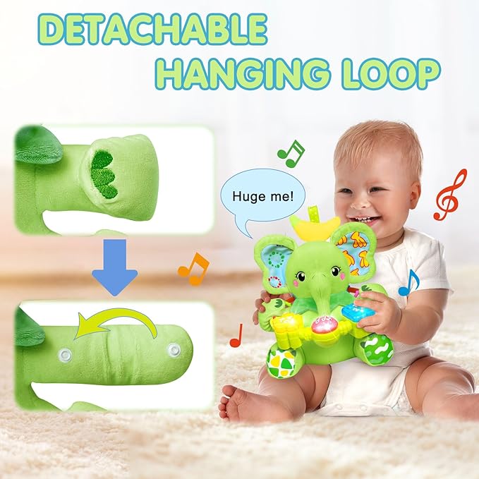 Baby Bilingual Musical Elephant Stuffed Animals Toys,Infant Early Learning Toy with Light-Up Music & Crinkle,Tummy Time Toys for 0 3 6 9 12+ Months for Baby Boy Girl Gift,Green