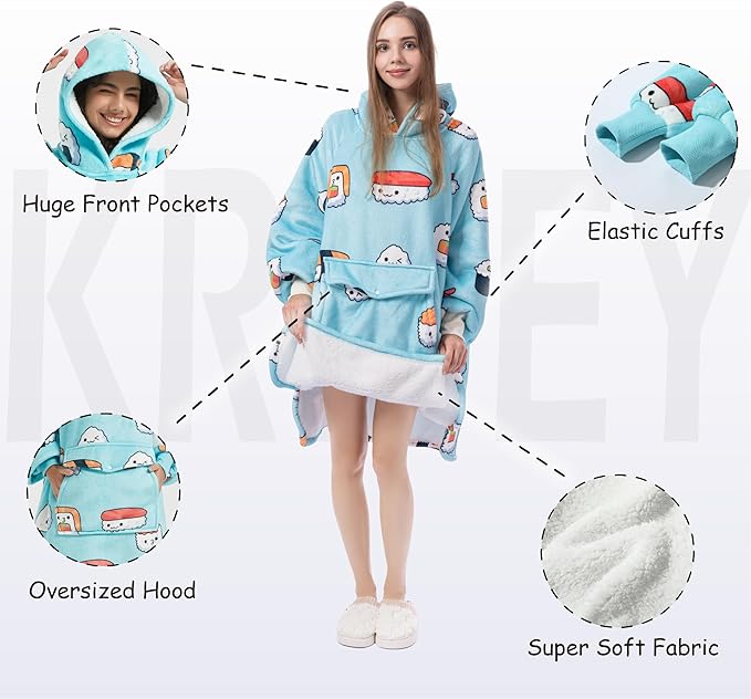 Krifey Wearable Blanket Hoodie, Oversized Sherpa Fleece Sweatshirt with Giant Pocket, Birthday Gifts for Women, Mom, Sister, Sushi