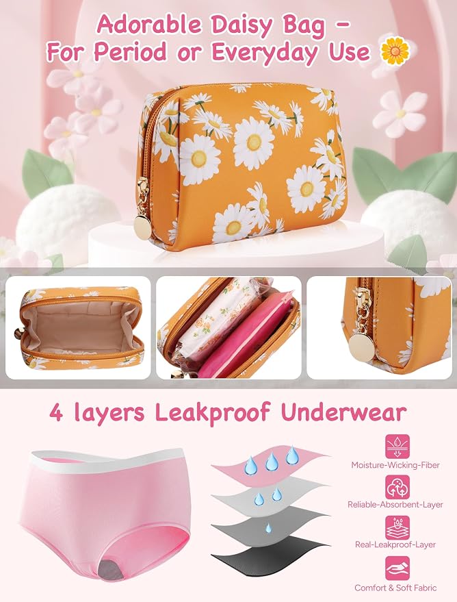 First Period Gift Kit for Girls 9-12 | Complete Tween Period Set with Daisy Yellow Bag, Leak-Proof Panties, Teen Pads, Wipes, Diary, Nail Stickers & More – Perfect for School & Travel (M)