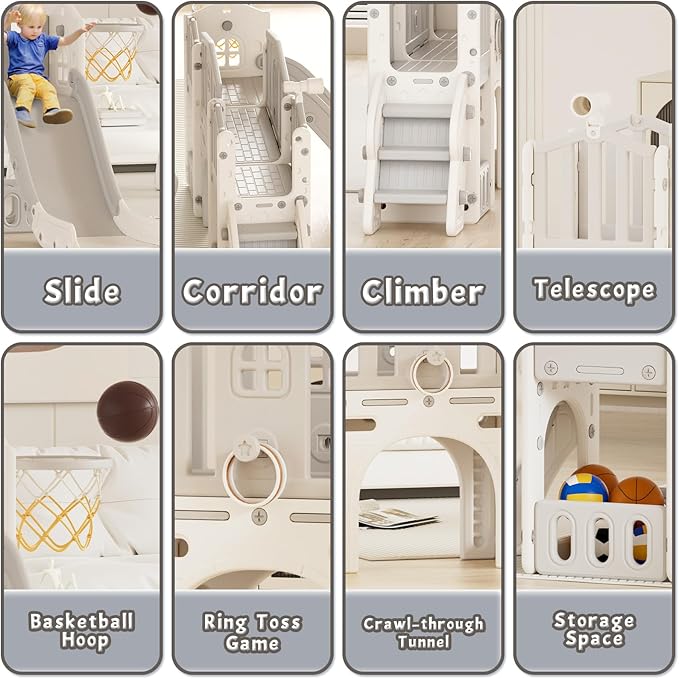 YUFU 9 in 1 Toddler Slide, Kids Slide for Toddlers Age 1-3, Toddler Climber Slide with Ring Toss, Tunnel, Corridor and Basketball Hoop, Toddlers Indoor Outdoor Playset (Beige+Gray)