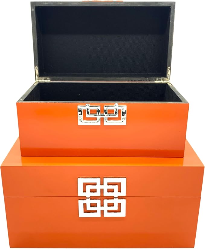 Galt International Storage Boxes - Large & Small Decorative Storage Box w/Hinged Lid - Classic Design Wood Decor Boxes with Geometric Opening Clasp - Home & Office Storage - Set of 2 (Orange)