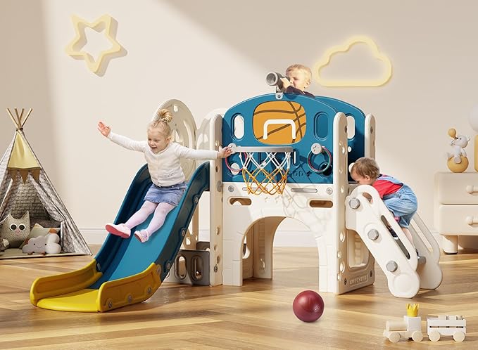 BIERUM 9 in 1 Toddler Slide, Kid Slide for Toddlers Age 1-3 with Ring Toss, Basketball Hoop, and Telescope, Indoor Outdoor Playset Playground Blue Yellow