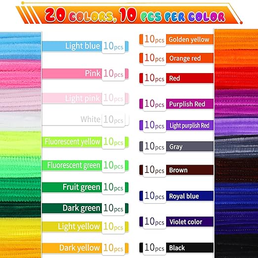 Pipe Cleaners, 200PCS Pipe Cleaners Craft Supplies, Multi-Color Chenille Stems Pipe Cleaners Bulk Fuzzy Sticks for DIY Art and Craft Projects Home Decoration