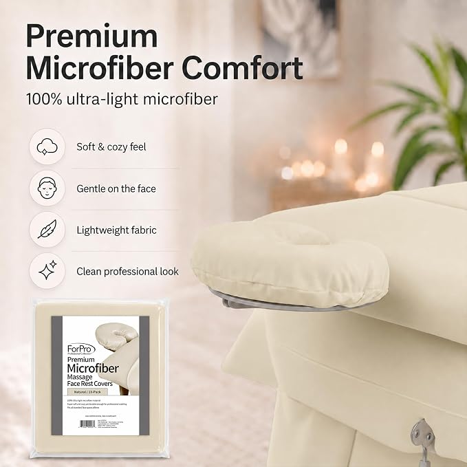 ForPro Premium Microfiber Massage Face Rest Cover, Natural, Ultra-Light, Stain and Wrinkle-Resistant, for Massage Tables, 10-Count