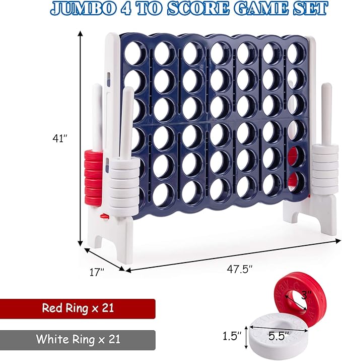 COSTWAY Jumbo 4-to-Score Giant Game Set, 4 in A Row for Kids and Adults, 3.5FT Tall Indoor & Outdoor Game Set with 42 Jumbo Rings & Quick-Release Slider, Perfect for Holiday Party & Family Game