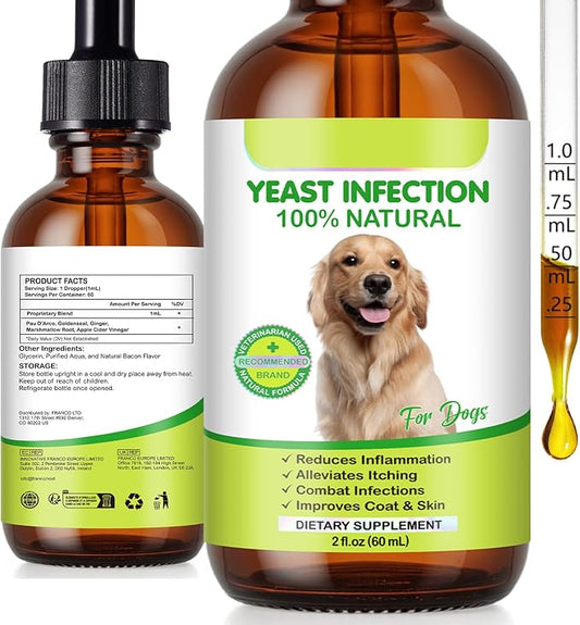 Yeast Infection Treatment for Dogs - Dietary Supplement with Herbal Blend to Soothe Itching & Promote Skin Health - Bacon Flavor Liquid Supplement for All Breeds, 2 fl oz