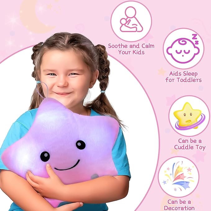 Subao Sensory Toys for Kids with Autism,14" Light Up Star Soft Plush Toddler Pillow,Autism Sensory Products,Stress Relief Kids ADHD Toys,Birthday Xmas Easter Gifts for Girls 3 4 5 6 7 8 9 10 Pink