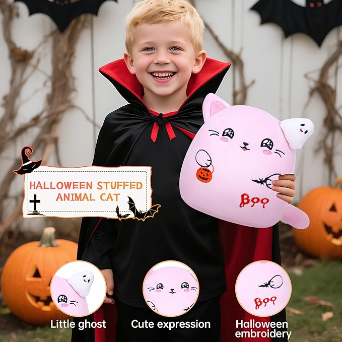 Pink Cat Plush – Halloween Stuffed Animal Ghost Bat Design Soft Pink Cat Stuffed Animal Decoration Party Favors 10 Inch