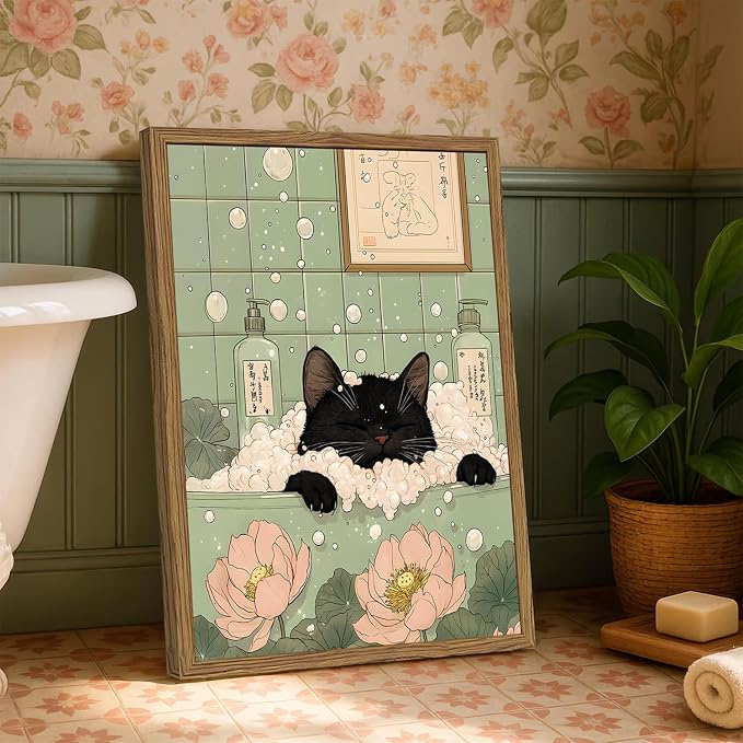 Funny Japanese Black Cat Bathroom Wall Art, Cute Black Cat in Bathtub Wall Decor Picture, Whimsical Japan Animal Bathroom Poster Canvas Prints Painting Artwork 16x24 inch Framed