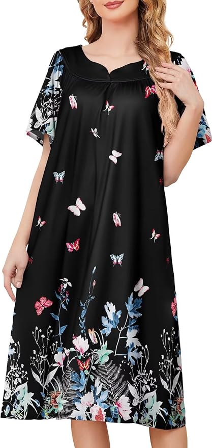 House Dresses for Women with Pockets Moo Moo Nightgown Short Sleeve Mumu Dress Lounge Dress S-3XL