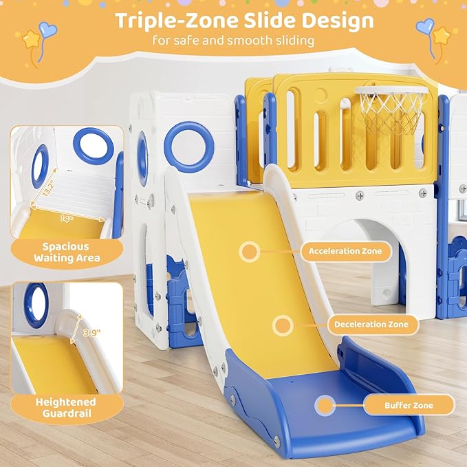 Arlopu 9 in 1 Toddler Slide Set, Kids Large Climber Slide Playset w/Long Slope, Telescope, Storage Space, Enclosed Steps, Indoor Outdoor Playground (Yellow & Blue)