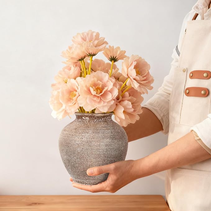 Ceramic Flower Vase Home Decor, 6.2 inch Farmhouse Rustic Vintage Decorative Vases, Pottery Terracotta Boho Flowers Vases for Dining Table, Living Room, Shelf, Kitchen, Bedroom (6.2"-Terracotta)