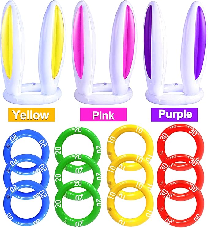 3 Pack Inflatable Easter Bunny Ring Toss Game with Score Ring - Easter Basket Essential for Kids Indoor Outdoor Rabbit Ears Toss Toy, Family Party Games School Carnival Activities(3 Set & 12 Rings)