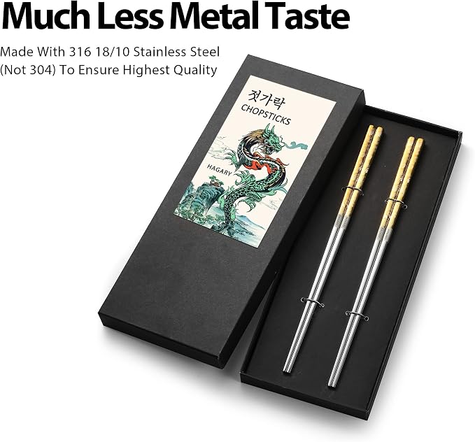 Hagary Dragon Chopsticks Metal Reusable Designed In Korea Japanese Style Stainless Steel 316 18/10 Non-Slip 2 Pairs Dishwasher Safe Laser Etched (Gold)