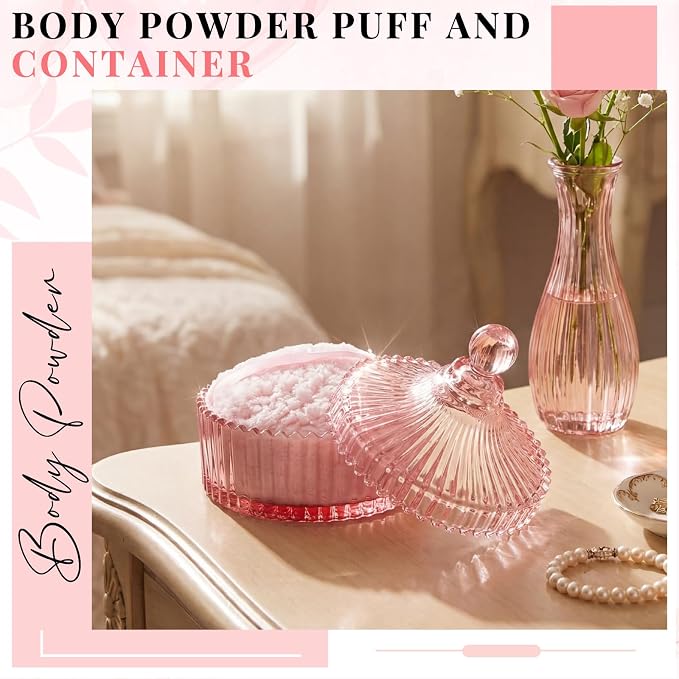 Tioncy 2 Pcs Extra Large Dusting Powder Puff and Container for Women-6'' Glass Crystal Dusting Powder Container with Body Soft Washable Reusable Velour Face(Pink,Classic)