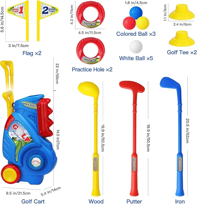 Toddler Golf Set for Boys Girls 2 3 4 5 Years Old, Upgraded Kids Golf Cart with 3 Clubs & 8 Balls, Outdoor Indoor Sports Toys Birthday Gift, Blue