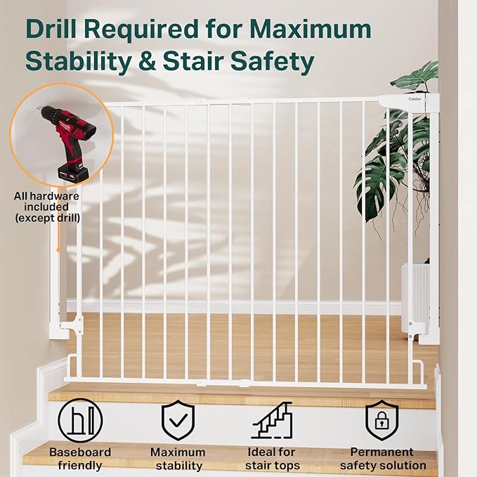 Cumbor 34" Extra Tall Baby Gate for Stairs, Hardware Mounted (Drill Required), Expandable 31.6-48" No Bottom Bar Dog Gate Indoor for Larger Pets, Large Walk Thru Door for Easy Access (White)
