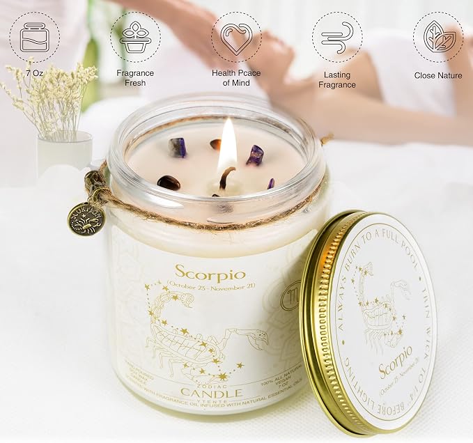 Zodiac Sign Jar Candle, Scorpio, Lavender Scented, Crystal Infused, 4 Ounce, Black, Unisex, All Season, Birthday, Anniversary, Christmas