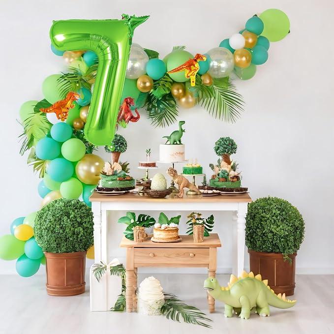 Dinosaur Green Number 7 Balloon, 40 Inch Big Large Foil Helium Green Number Balloon with 4 Pcs Mini Dinosuar, Dinosuar Mylar Balloons Set for 7 Year Old Birthday Party Decorations Supplies