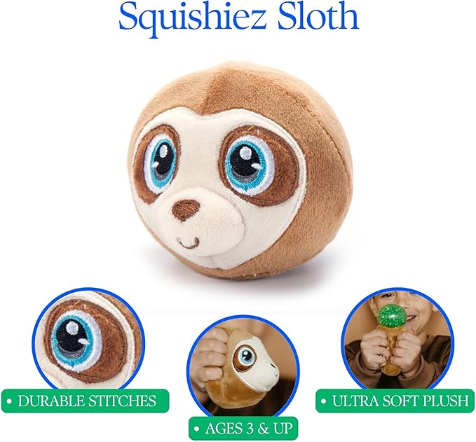 The Petting Zoo Sloth Stuffed Animal Plushie, Gifts for Kids, Squishiez Wildlife Animal Squeeze Toy, Brown Sloth Plush Toy, 3 inches