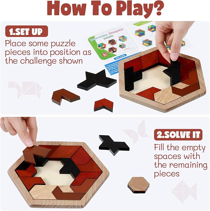 Yunsailing 3 Pack Hexagon Tangram Puzzle Wooden Brain Puzzles for Kid Adult Challenge Wood Russian Blocks Brain Teasers Toy Geometric Jigsaw Block Logic Iq Stem Toy for Family Party Gift(Vintage)