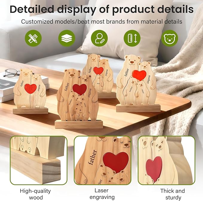 Personalized Wooden Bear Family Puzzle with 2-6 Names - Custom Heart Art Figurine for Mom Grandma Dad - Rustic Home Decor Statue Gift for Birthday Christmas Housewarming Anniversary