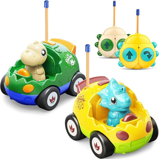 2 Pack Dinosaur Remote Control Cars for Toddlers 2 3 4 5 Years Old - Easter Birthday Gift Ideas for Boys Ages 2-5, Kids Dino Toys RC Vehicle with Lights and Music for Family Fun(Yellow Green)