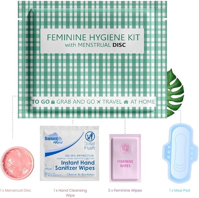 Menstrual Disc Kit with Pad – Single Pack | Convenient On-The-Go Period Essentials | Includes Pads, Feminine Wipes, and Hand Wipe for Complete Hygiene Care (Green Plaid)